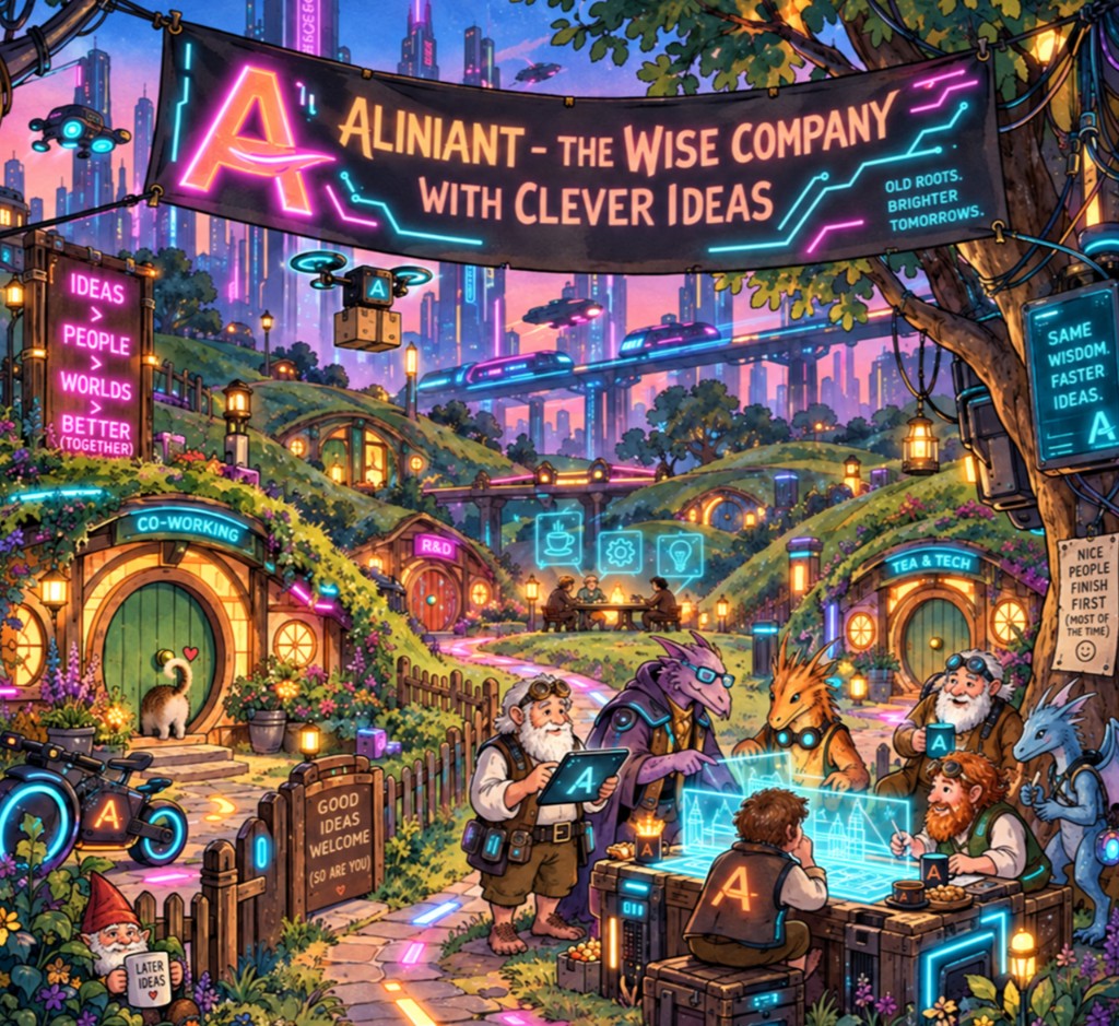 A solarpunk Shire village at dusk, with co-working hobbit-holes, dragons and engineers, and a neon city beyond. A banner reads: Aliniant — the wise company with clever ideas.